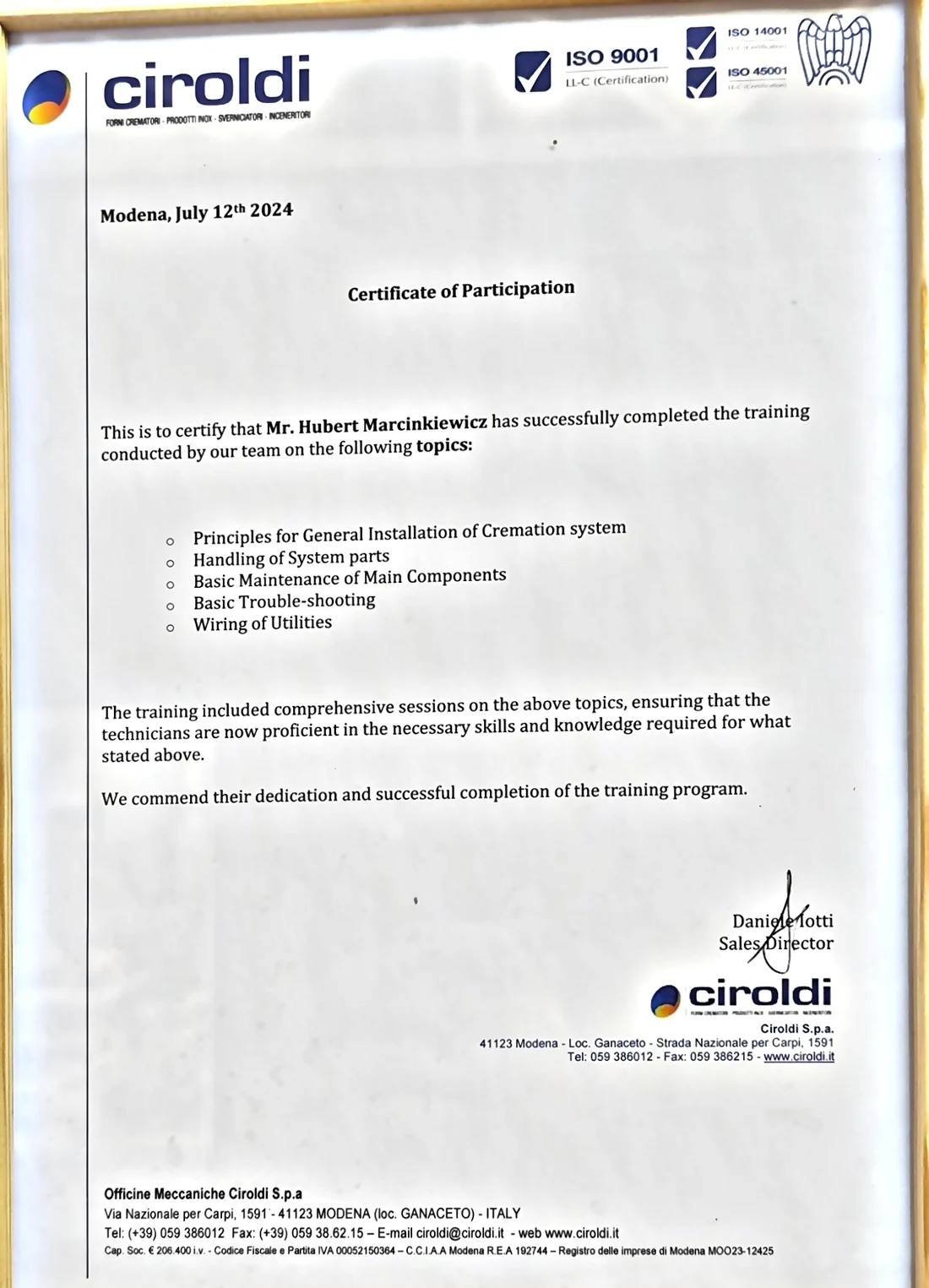 Szkolenie Ciroldi S.p.A. — Hubert Marcinkiewicz