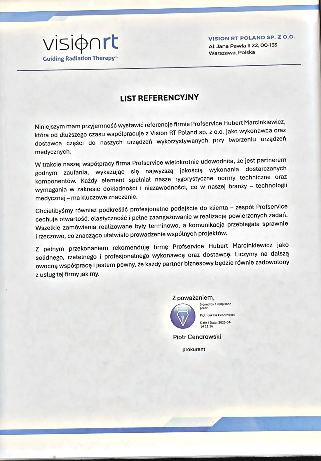 List referencyjny — Vision RT Poland